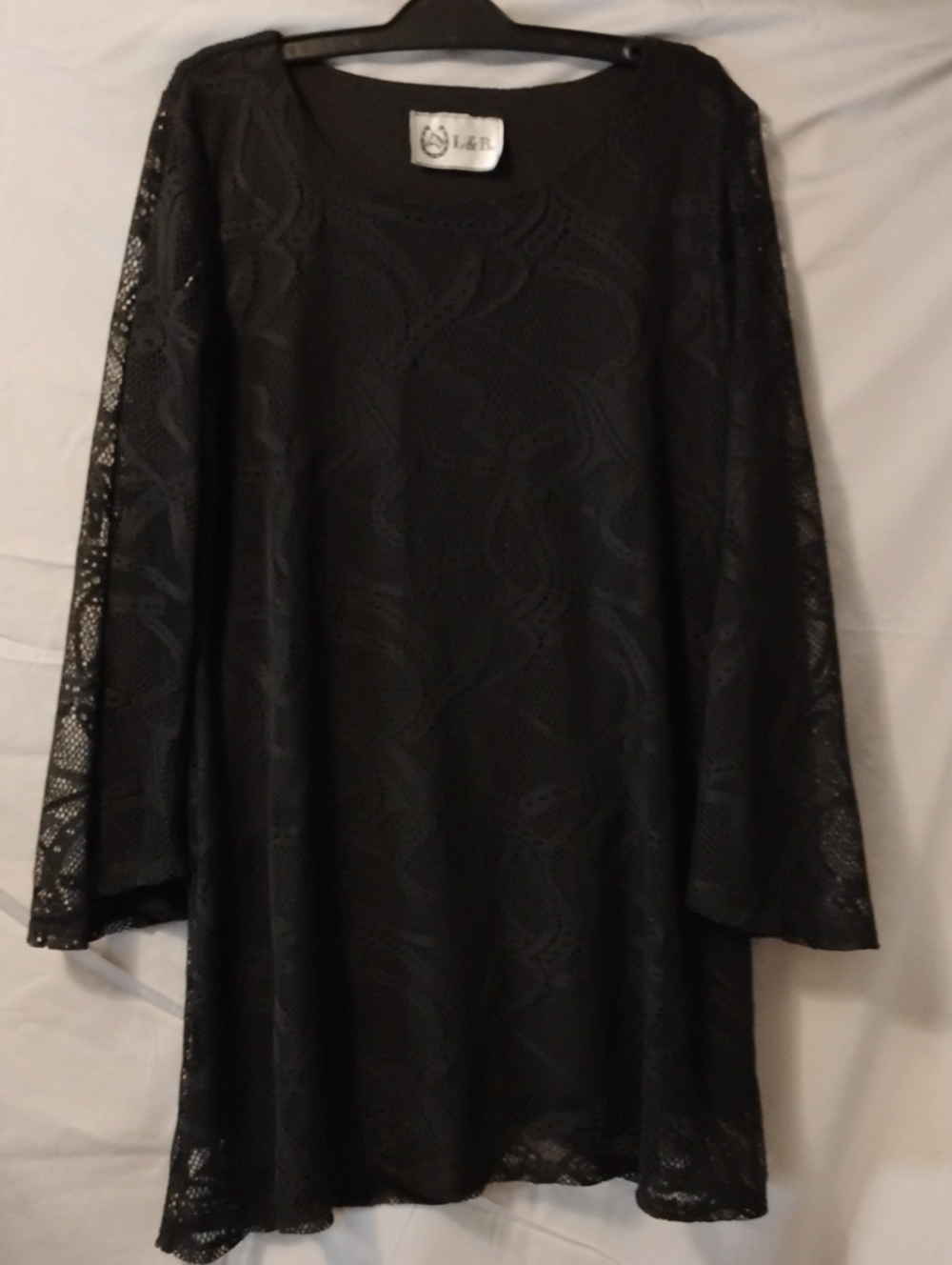Women's Size Large L&B Black Lace Tunic Dress with Sheer Sleeve Detail